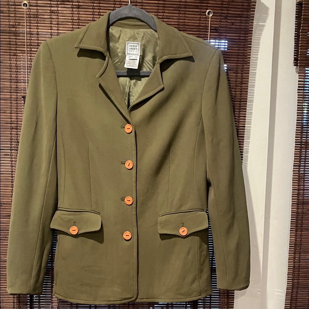 Herve Leger Khaki Blazer with Coral Buttons